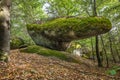 Strangely shaped stone defies gravity artificially placed at cult site Wackelstein Regenstauf in Upper Palatinate Bavaria Germany