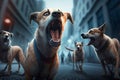 Stranger attacked by aggressive pack of stray dogs, unleashing loud barks and chaos on the street. Generative AI