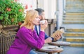 Strangers meet become acquaintances. Meeting people first date. Couple terrace drinking coffee. Casual meet acquaintance Royalty Free Stock Photo