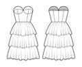 Strapless dress bustier technical fashion illustration with fitted body, 3 row knee length ruffle tiered skirt. Flat