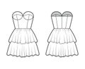 Strapless dress bustier technical fashion illustration with sleeveless, fitted body, 2 row mini length tiered skirt