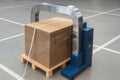 Strapping Machine Securing Cardboard Stack On Pallet, generative ai Royalty Free Stock Photo