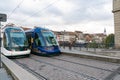 City trams on the Pont Royal Bridge in the historic city center of Strasbourg Royalty Free Stock Photo