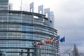 View of the European Union Parlament building and flags of all member states in Strasbourg Royalty Free Stock Photo