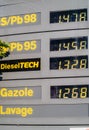 Big panel with gas prices for 98, 95, Diesel Tech, Gazole