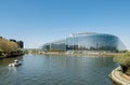 European Parliament facade building with Police Gendarmerie boat