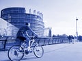 blue toned image of Senior man biking sportive Strasbourg, Europ