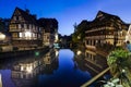 Strasbourg, France, August 2019. In the heart of the old town enchanting glimpse of the canals where the typical historic houses