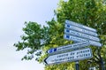 Strasbourg, France, August 2019. Information road signs for the European parliament, visitor center and press. Beautiful summer