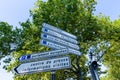 Strasbourg, France, August 2019. Information road signs for the European parliament, visitor center and press. Beautiful summer