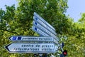 Strasbourg, France, August 2019. Information road signs for the European parliament, visitor center and press. Beautiful summer