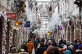 STRASBOURG, FRANCE - DECEMBER 24 2017: Busy Christmas Market Christkindlmarkt in the city of Strasbourg, Alsace region