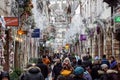 STRASBOURG, FRANCE - DECEMBER 24 2017: Busy Christmas Market Christkindlmarkt in the city of Strasbourg, Alsace region