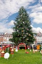 Strasbourg, France - december 1,2019: The Strasbourg Capitale de Noel sign under the Christmas tree in Kleber Square, the theme of