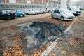 Empty parking place after burnt car by Vandals in Strasbourg, France during the start of 2020 by setting countless