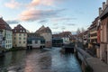 Canal and beautiful architecture in the center of Strasbourg, capital of the Alsace region in France