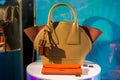 Brown leather handbag by Lancel in a uxury fashion store showroom