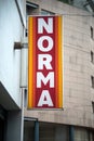 Closeup of Norma supermarket logo on store front , Norma is the famous german discounter