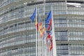 All EU Flags European Union flag waving in front of European Parliament, headquarter of the European Commission European