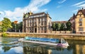 Landscape Of Strasbourg with excursion boat and beautiful houses Royalty Free Stock Photo
