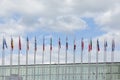 All EU Flags European Union flag waving in front of European Parliament, headquarter of the European Commission European Royalty Free Stock Photo