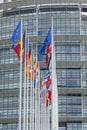 All EU Flags European Union flag waving in front of European Parliament, headquarter of the European Commission European Royalty Free Stock Photo