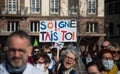 people protesting for the hospital with text in french : soigne et tais toi, in english : take care and shut up Royalty Free Stock Photo