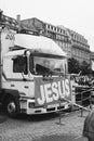 Trucks with Jesus banner at the March for Jesus the annual inter