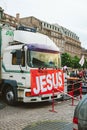 Trucks with Jesus banner at the March for Jesus the annual inter