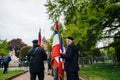 Soldiers from US and France with flags at parade on 8th of may Royalty Free Stock Photo