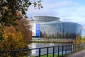 Police boat in front of 70 years of European democracy in action large banner on