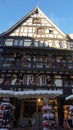 Strasbourg, France - October 21, 2023: Historic wooden facade in downtown of Strasbourg, France,