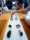 Senior testing Apple Store with Apple Watch Series 4 smartwatch