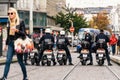 Fashion model police motorcycles political march during a French