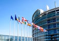 Two rows of flags in front of the European Parliament building in Strasbourg, France Royalty Free Stock Photo