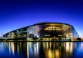 Nightfall view of the European Parliament building in Strasbourg, France Royalty Free Stock Photo