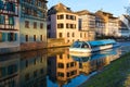 Strasbourg, water canal in Petite France area. Half timbered houses and trees in Grand Ile. Alsace, France. Unesco Site.