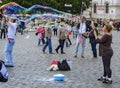 Street artist with giant soap bubbles