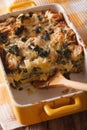 Strata casserole with spinach close up. vertical