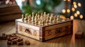 Strategic Afternoon: A Close-Up of a Fathers Chessboard and Pieces in a Wooden Box
