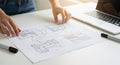 Strategic Architectural Planning: Hands Arranging a Floor Plan Workflow on a Desk Royalty Free Stock Photo