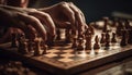 Strategic battle on wooden board, close up of rook holding leadership generated by AI