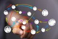 Conceptual image showing a hand interacting with a vibrant network of circles and arrows, symbolizing connections, strategy, data Royalty Free Stock Photo