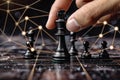 A strategic hand positioning a single chess pawn on a complex web of interconnected lines symbolizing networked decisions or AI