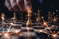 A strategic hand positioning a single chess pawn on a complex web of interconnected lines symbolizing networked decisions or AI