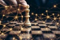 A strategic hand positioning a single chess pawn on a complex web of interconnected lines symbolizing networked decisions or AI