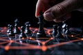 A strategic hand positioning a single chess pawn on a complex web of interconnected lines symbolizing networked decisions or AI
