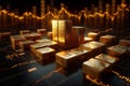 Strategic investment golden blocks on black with stock chart