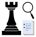 Strategic planning with chess rook, document stack, and magnifying glass Royalty Free Stock Photo