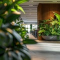 Strategically placed indoor plants create inviting office plantscape background Royalty Free Stock Photo